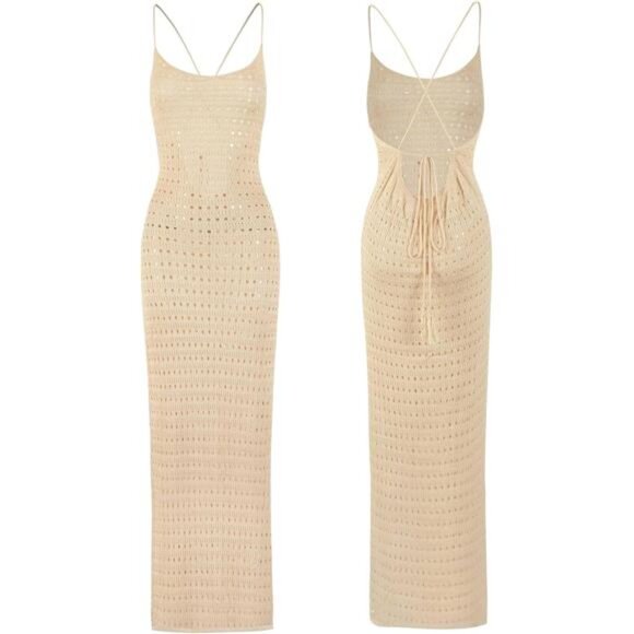 Crochet Knit Beach Cover-Up Dress | Sleeveless Hollow Out Maxi - Picture 5 of 6